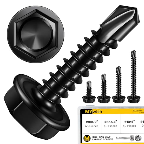 Mywish 100Pcs #10×2" Black Self Tapping Screws for Metal & 155 Pieces #8#10 Hex Head Self Drilling Screws Assortment Kit, 410 Black Metal Screw Oxide Stainless Steel Truss Head Self Drilling Screws