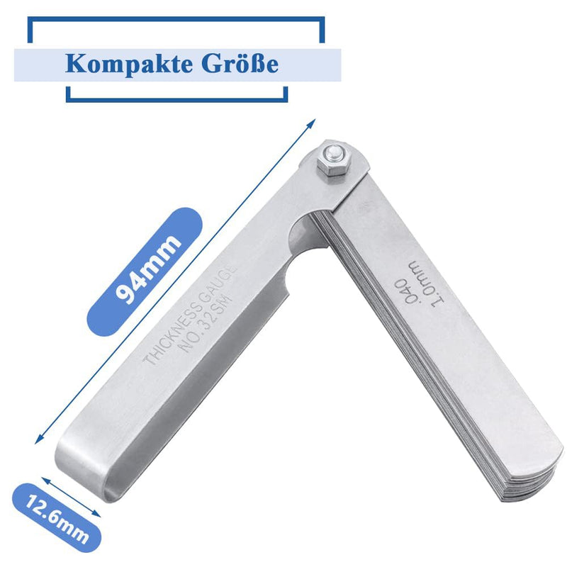 Mesee 32 Blade Stainless Steel Feeler Gauge Set, Feeler Gauge Measuring Tool, 0.02-1.0mm Double Marked Metric and Imperial Measuring Tool, for Measuring Gap Width Distance Gauge