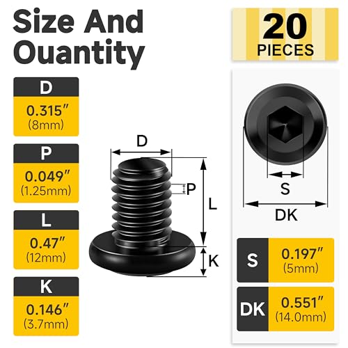 Mywish M8 x 12mm 20Pcs Flat Head Hex Socket Cap Screws Bolts & M8 x 12mm 20Set Flat Head Hex Socket Cap Screws Bolts with Barrel Nuts, 304 Stainless Steel Furniture Bolts Full Thread, Black Oxide & He