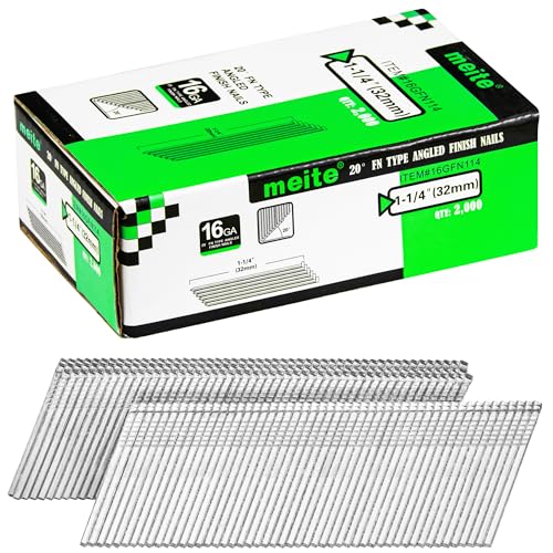 meite 16 Gauge 20 Degree Finish Nails Set 1-1/4 Inch & 2 Inch Galvanized Angled Finishing Nails for Finish Nailer Cabinet Crown Baseboard