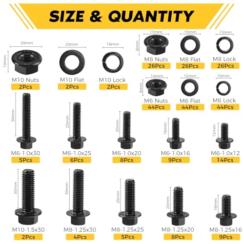 Homwin 286Pcs Flange Metric Bolt Assortment, M6-1.0, M8-1.25, M10-1.5 (12mm to 30mm) Assorted Metric Bolts and Nuts Kit, Zinc Galvanized Black Black-Flange M6 M8 M10 Hex Bolts