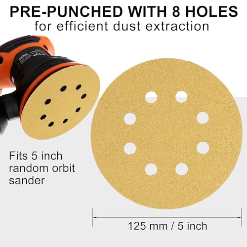 LotFancy 110 PCS 5 Inch 8 Hole Sanding Disc, 60 80 120 150 180 220 320 400 600 800 1000 Grit Aluminum Oxide Sandpaper Assortment, Sand Paper for Wood, Plastic, Rust Removal, Random Orbital Sander Pads 110PCS Assorted Grit