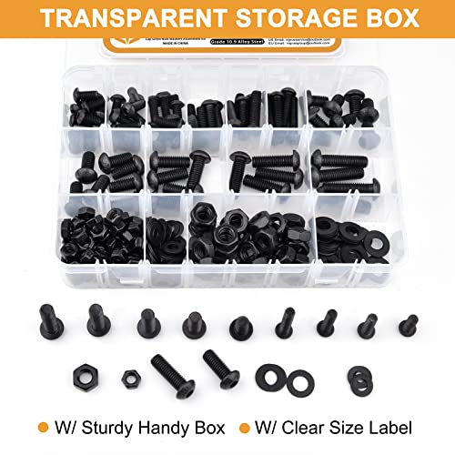 VIGRUE 288PCS M6 M8 Button Head Hex Socket Cap Screws Bolts Nuts Washer Assortment Kit, 10.9 Grade Alloy Steel Black Oxide, Fully Threaded