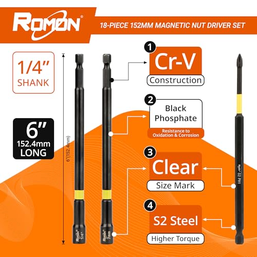 18-Piece Long Magnetic Nut Driver Set for Impact Drill, SAE and Metric Screwdriver Bits, 1/4 Inch Hex Shank Adapter Extension, Cr-V Steel