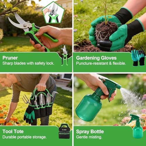 11-Piece Garden Tools Set – Heavy Duty Aluminum Alloy Hand Tools with Ergonomic Non-Slip Handles, Rust Resistant – Includes Trowel, Rake, Pruner & Carry Tote Bag – Gardening Kit for Women & Men
