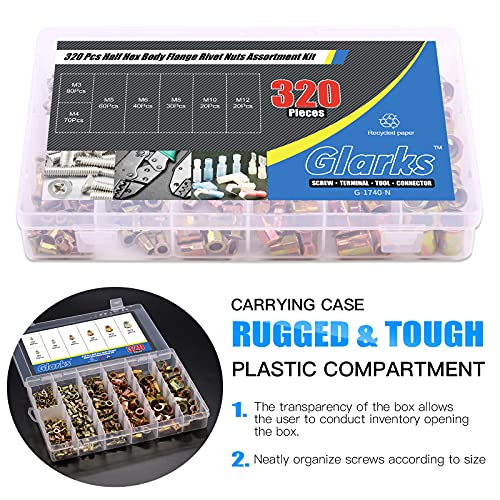 Glarks 320Pcs M3 M4 M5 M6 M8 M10 M12 Half Hex Body Flange Rivet Nuts Assortment Kit, Zinc Plated Carbon Steel Flat Head Threaded Insert Nut Rivnut Set (Rivet Nut Set) 320Pcs Rivet Nut Set