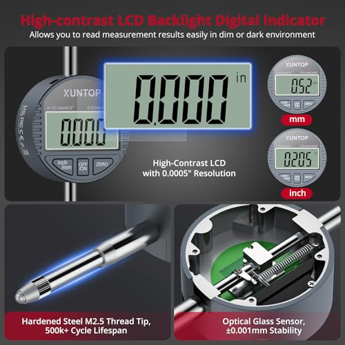 XUNTOP Digital Bore Gauge Set, 2-6"/0.0005" Digital Indicator Self-Centering Dial Bore Gauge with Carbide Anvils Deep Engine Cylinder Measurement Tool for Machining,CNC,Automotive