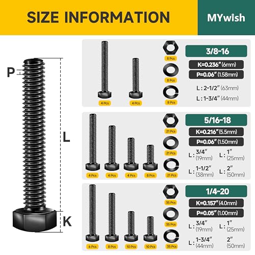 Mywish 254Pcs Nuts and Bolts, 1/4 20 5/16 18 3/8 16 Bolt, Heavy Duty 304 Stainless Steel Bolts and Nuts Kit with Flat Spring Washers, Fully Threaded & Black Oxided, 10 Common Size 254 Pcs Mixed Size Kit - Black