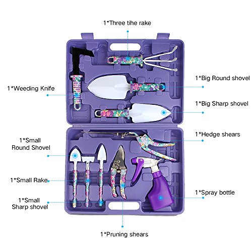 10PCS Purple Garden Tools Set & 4 Pairs Floral Garden Gloves for Women(M)