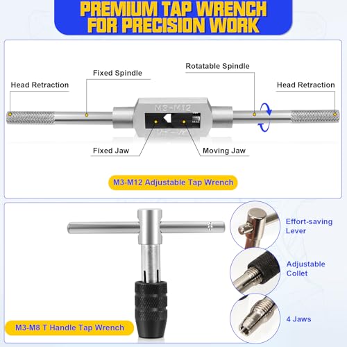 Metric Tap and Die Set, 34 Pcs Adjustable Drill and Tap Set with Tap Wrench, Quick Change Bit Holder, Twist Drill Bits, and M2-M12 Taps, Hand Screw HSS Thread Tap Set, Drill Tap Set for Metal Wood