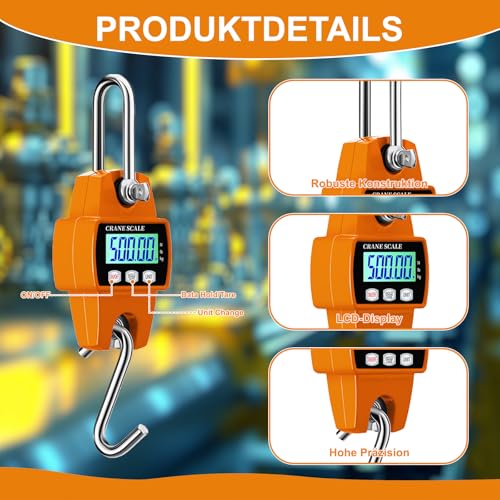Digital Hanging Scale, 500 kg Industrial Hanging Electronic Wild Scale, Industrial Hanging Scale, Portable LCD Train Scales with Hooks for Farm, Farm, Factory, for Wharf Weighing, Luggage, Steel Raw | Industrie Hängende Waage Tragbare LCD Zugwaage mit ...
