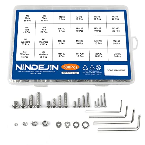 NINDEJIN M2 M3 M4 M5 Stainless Steel Hex Socket Cap Screw Metric Screws Bolts & Nuts & Washers Assortment Kit with Allen Key (Button Head+Flat Head)