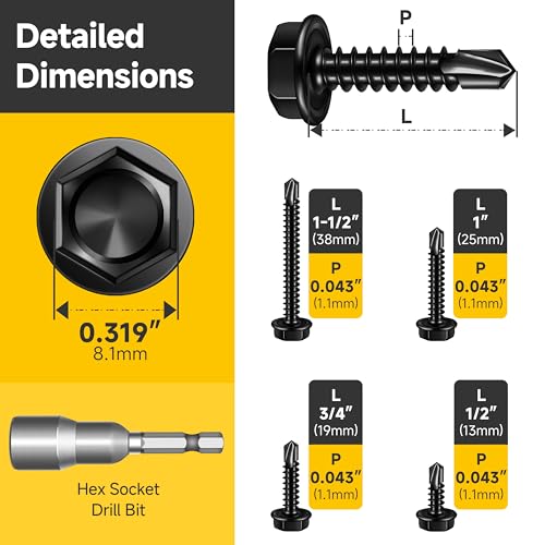 Mywish 100Pcs #10×2" Black Self Tapping Screws for Metal & 155 Pieces #8#10 Hex Head Self Drilling Screws Assortment Kit, 410 Black Metal Screw Oxide Stainless Steel Truss Head Self Drilling Screws