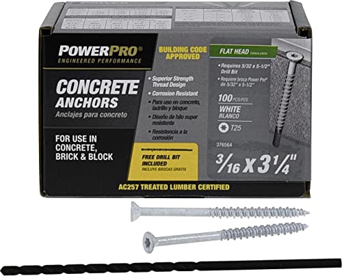 Power Pro White Flat-Head Concrete Screw Anchors (3/16" x 3-1/4") - 100 pc 3/16" x 3-1/4" 100 Pieces