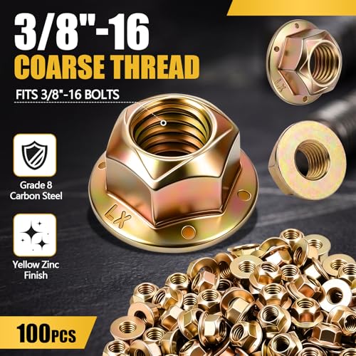 100 Pack 3/8"-16 Grade 8 Hex Flange Lock Nuts, Flange 100