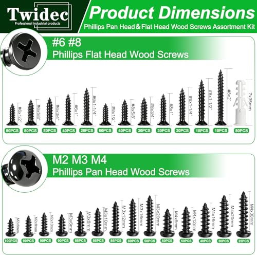 Twidec/1510PCS Wood Screws Black M2 M3 M4#6#8 Phillips Pan Head＆Flat Head 1510PCS