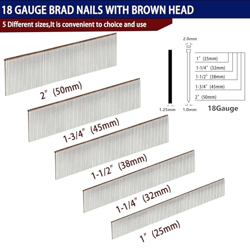 HW HAMWOO 18 Gauge Brad Nails,Galvanized,1"+1-1/4"+1-1/2"+1-3/4"+2":5000pcs Assembly--5000pcs