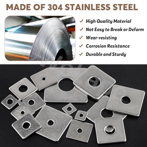 100Pcs Square Washer Kit M3 M4 M5 M6 M8 M10 M14(1/8" 1-1/2" 3/16" 1/4" 5/16" 3/8" 5-1/2") 304 Stainless Steel Rectangular Plate Washers, Square Flat Washers with Round Hole for Bolts/Nuts