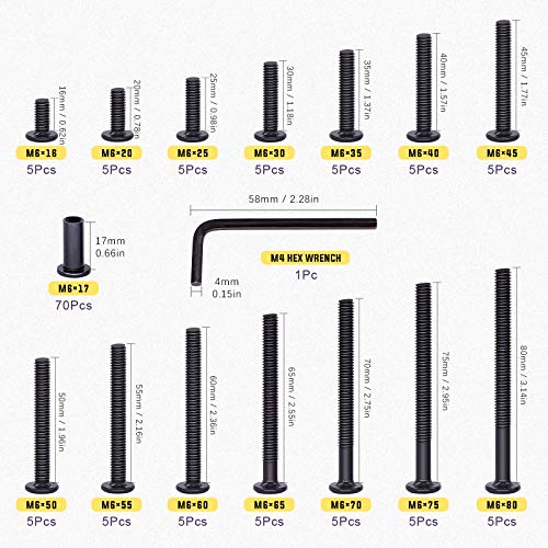Swpeet 282Pcs 14 Different Sizes M6x16mm-80mm Carbon Steel Black and Nickel Plated Sliver Barrel Nuts Kit