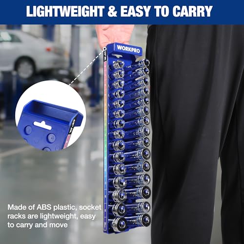 WORKPRO Socket Organizer Set, 8PC 1/4" 3/8" 1/2" Drive Socket Holder 8 Pieces-1/4", 3/8", & 1/2" DR, SAE & Metric