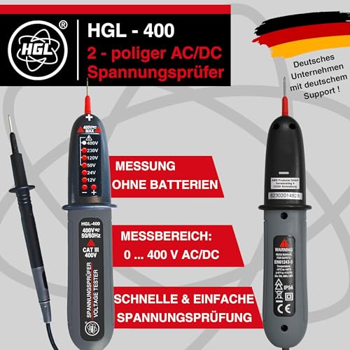 HGL -400 Voltage Tester Double Pole 12 V to 400 V AC/DC with LED Display, Phase Tester, IP54 Splash-Proof, No Batteries Required, 2-Pin Voltage Meter, Socket Meter