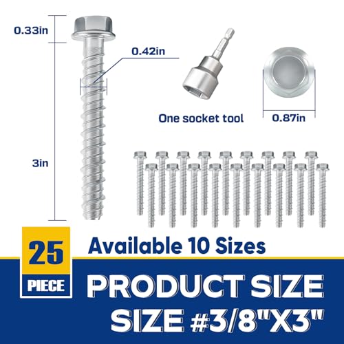 3/8" x 3" Large Diameter Concrete Screw 25 Pack - Heavy Duty Concrete Anchors, Masonry Screws for Brick, Block, Wood & Framing - Zinc Plated Hex Screws 3/8" x 3" - 25PACK