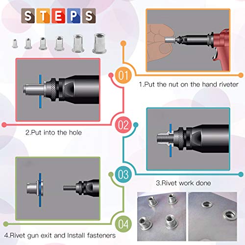 Glarks 180Pcs 304 Stainless Steel Flat Head Threaded Rivet Nut Assortment Kit +210Pcs Aluminum Alloy Flat Head Metric Threaded Rivetnut Insert Nutsert Rivet Nut Assortment Kit