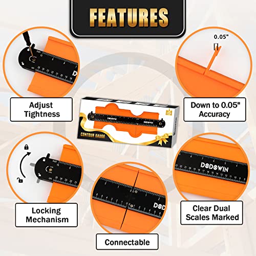 DODOWIN 10+5 Inch Connectable Contour Gauge with Lock, Extended Profile Duplicator Tool for Flooring, Tile, Laminate & Woodworking, Shape Outline Gauge, Father’s Day Gifts for Dad Men Husband Orange-15 In.