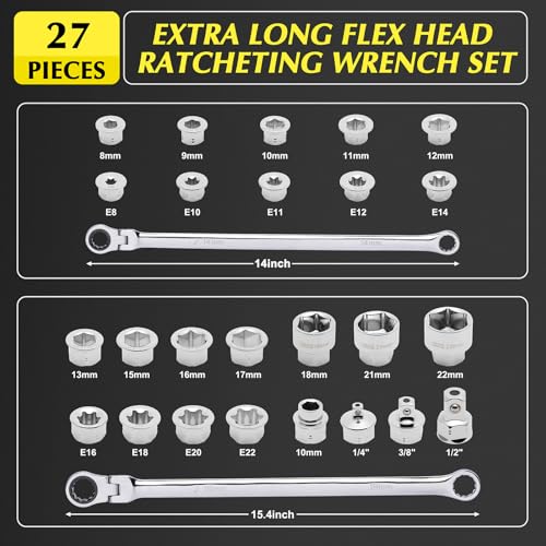 EMENTOL 27PCS Extra Long Flex Head Ratcheting Wrench Set, CR-V, Double Box End Ratchet Wrench Set with 8mm - 22mm, E8 - E22, 1/4", 3/8", 1/2" Socket Adapters Replacement Heads 27PCS WRENCH SET