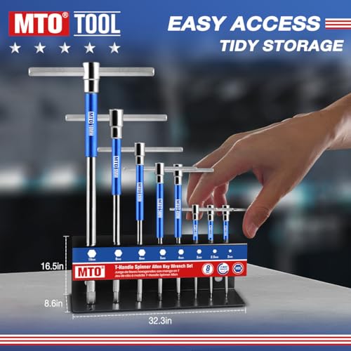 MTO Metric T-Handle Spinner Allen Key Wrench Set, 8-Piece 2-10mm, 3-Way Sliding Handle & Spinning Sleeve, CR-V Steel Hex Wrench with Storage Rack for Motorcycle, Car, DIY
