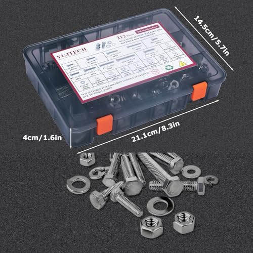 212Pcs Nuts and Bolts Assortment kit,1/4-20, 5/16-18, 3/8-16 Stainless Steel Machine Screws Set，Assorted Bolts Nuts and washers kit with case