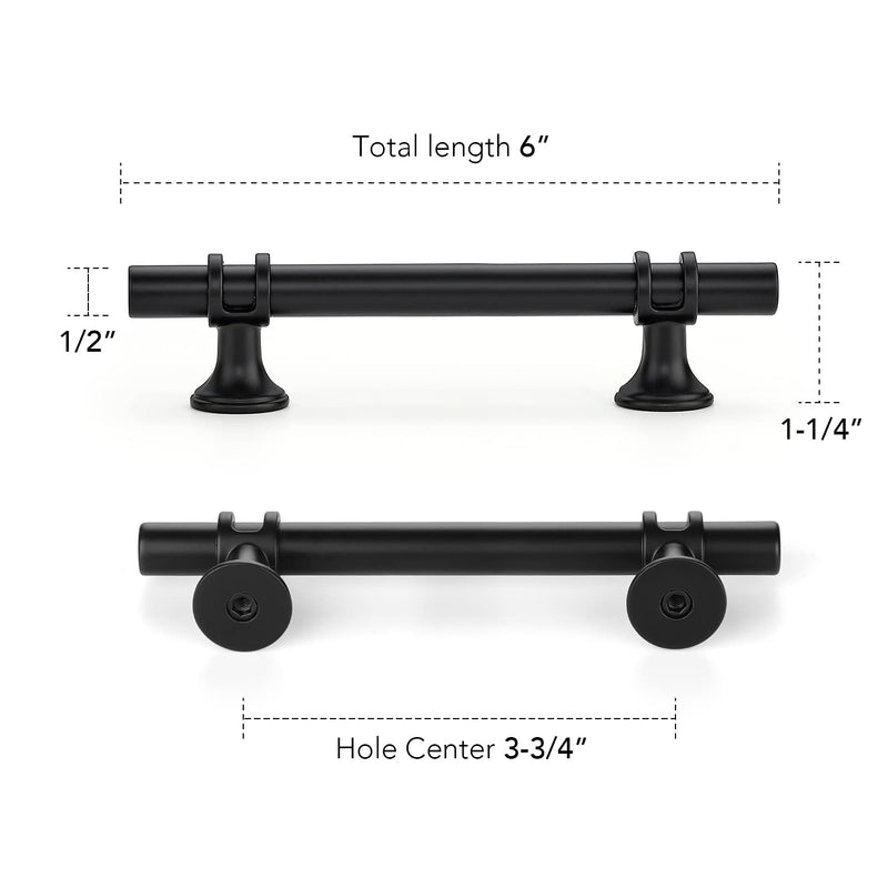 Black Cabinet Handles Black Cabinet Pulls 10 Pack 3-3/4 Inch Hole Center | Modern T-Bar Shape with Round Base, 6 Inch Overall Length, Easy Installation for Cabinets & Drawers