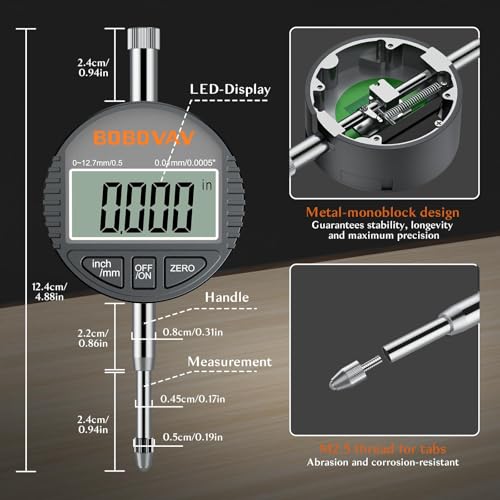 Digital Dial Bore Gauge Set, High Precision Measures 2-6 inch/0.0005" Includes Self-Centering Dial Bore Gauge with Carbide Anvils for Deep Engine Cylinder Measurement 12 Anvils, 1 Measuring Rod