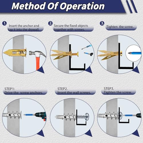 310PCS Self Drilling Drywall Anchors with Screws Kit, Wall Anchors for Drywall, 5-Sizes Metal Expansion Bolt for Dry Wall,155 PCS Sheetrock Anchors and 155 PCS Screws-No Drill Needed 310