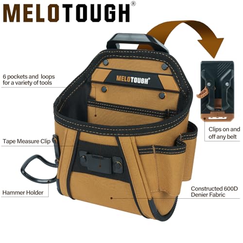 MELOTOUGH Electrican Tool Pouch Belt Clip Nail Work Pouch Tool Belt Pouches Utility Tool Organizer Pouch with Hammer Holder + Carpenter Tool Pouch with 10 Pockets,Electrician Tool Pouch