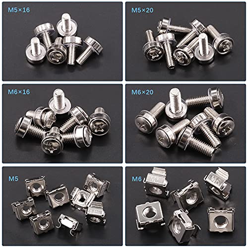 Glarks 80Sets/160Pcs M5 M6 Cage Nuts and Screws Set, Square Hole Hardware Cage Nuts & Mounting Screws Washers for Server Rack and Cabinet (M5 x 16mm, M5 x 20mm, M6 x 16mm, M6 x 20mm)
