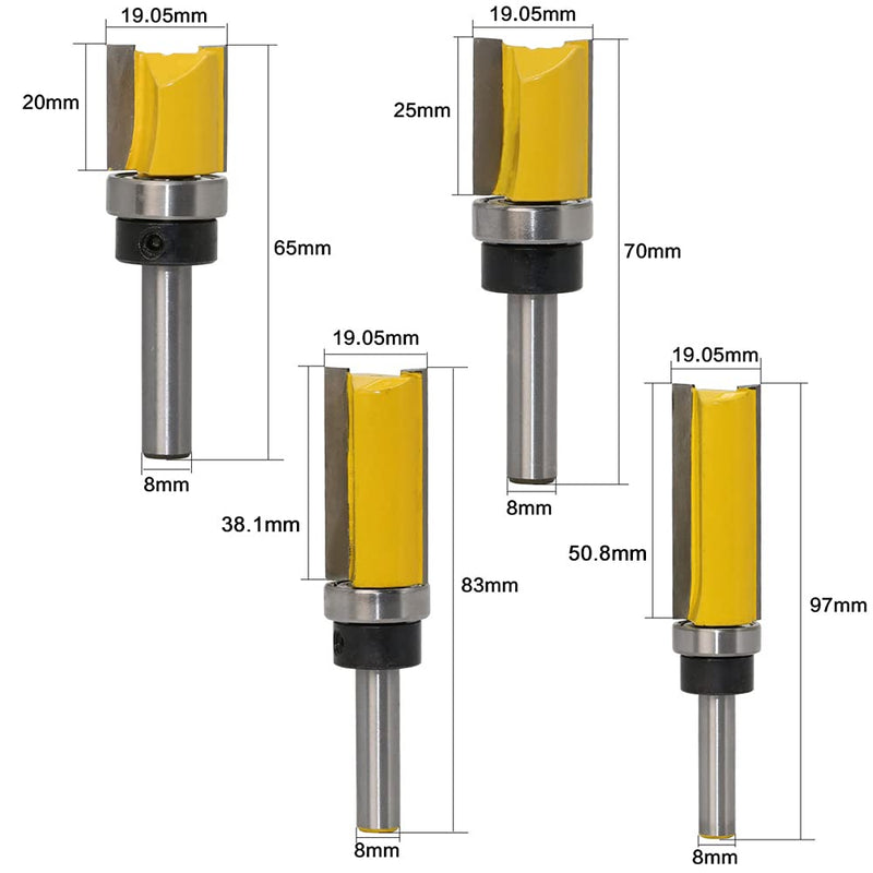 ASNOMY 4pcs flush cutter with 8 mm shaft, copy router, groove cutter, rod cutter, made of steel, wood cutter, professional cutter, woodworking cutting tool, wood cutter router bit