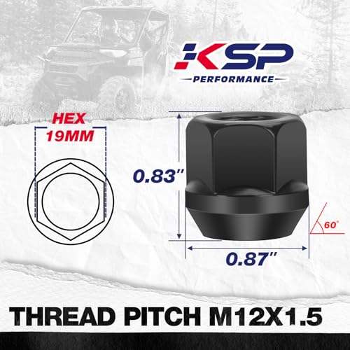 KSP M12x1.5 Open End Wheel Lug Nuts, 16PCS ATV Lug Nut 19mm 3/4" Hex 21mm 0.83" Height for Polaris Ranger 1000 XP RZR, Black Open Ended Cone Conical Taper Acorn Bulge Seat Wheel Nut for ATV Vehicles M12X1.5-Hex 19mm