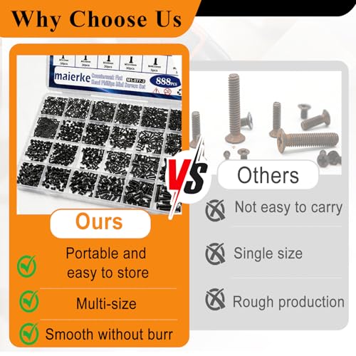 24Sizes 888Pcs Tiny Micro Laptop Computer Screw Kit M1.4/M1.7/M2/M2.5/M3/M4 Countersunk Flat Head Phillips Mini Repair Screws Set for Machinery, Furniture, Automotive, Motorcycle