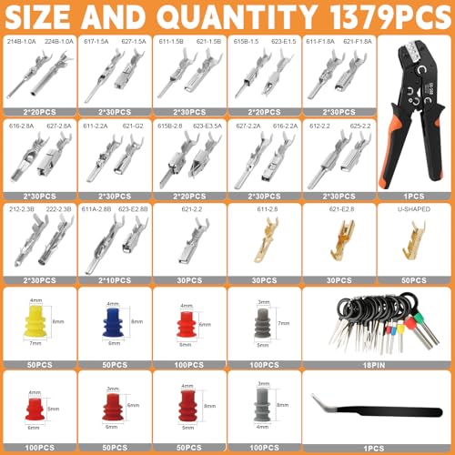 1379pcs Car Connector Pins Kit with SN-58B Crimping Tool, Plug Pins Automotive 1.0-3.5mm, Crimping Pliers 0.25-1.5mm² AWG 23-16, Sealing Plugs and 18 Pin Out Tool for Car, Motorcycle and Boat 1380 Pieces