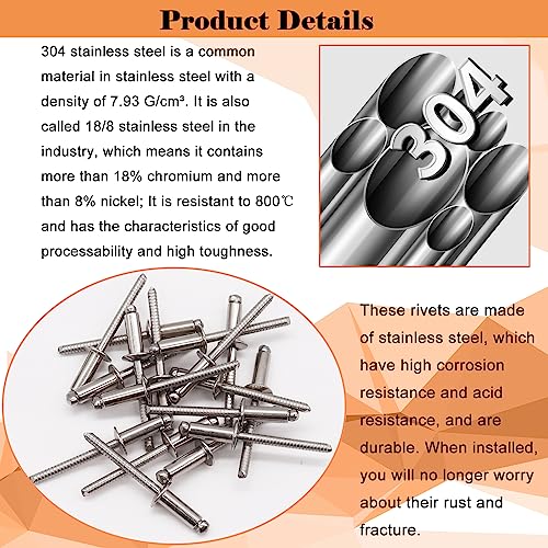 100pcs 1/8" x 1/2" Stainless Steel Blind Rivets, 3.2 x 12.7mm Stainless Steel Pop Rivets, Pack of 100