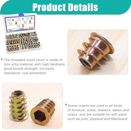 Taiss 170PCS Threaded Inserts Nuts,6 Sizes Wood Threaded Insert Kit+30 Sets 1/4-20 x 3/4" Furniture Screw Nut Threaded Inserts for Wood+30pcs 1/4-20 x 3/4" Flat Head Socket Head Screw