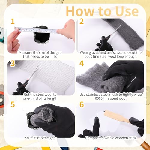 Steel Wool for Mice Control Mesh Rodent Control Kit 1 Pack Rustproof Mesh Roll and 0000 Steel Wool Mouse Hole Filler with Gloves, Scissors for House Garden Home Garage(5in X 29.5ft) Stainless Steel 5in X 29.5ft