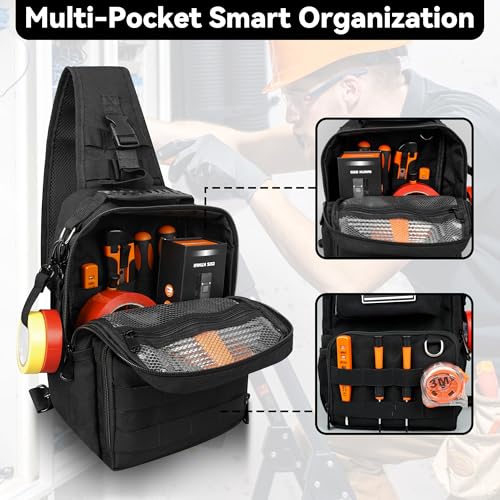 Small Tool Bag, Shoulder Tool Bag Organizer for Electricians, Small Tactical Sling Bag for Men, Heavy Duty Compact Tool Chest Bag with Multi-Pocket Organization & MOLLE System(Black 12 Inch) Black