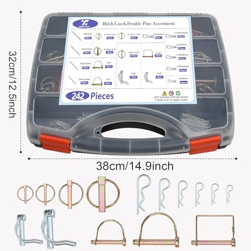 242 PCS Hitch Pins Assortment Kit – Heavy Duty R Clips, Cotter Pins, Lynch Pins & PTO Pins for Tractor, Trailer, Truck, Lawn Mowers, Farm Equipment, 3-Point Hitch Accessories