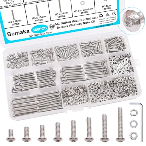 580PCS M3 x 6/8/10/12/16/20/25/30mm Button Head Socket Cap Screws + 2285PCS Metric Screw Assortment Kit, 6-20mm Metric Bolt Assortment Kit M2 M3 M4 M5
