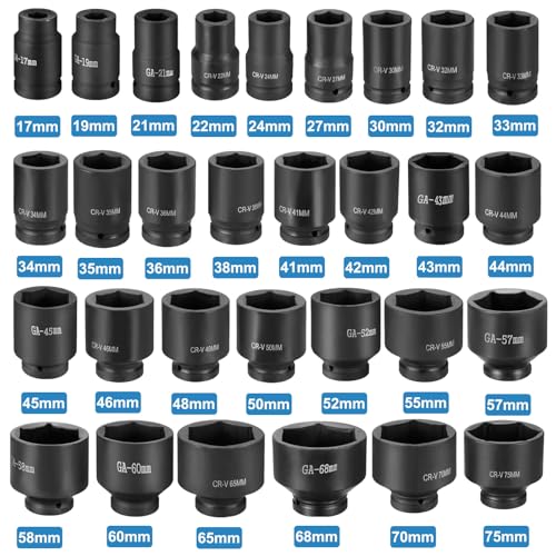HARFINGTON 6 Point Impact Socket 1" Drive 75mm Metric Socket CR-V Steel Spindle Axle Hex Sockets for Machine Shaft Nuts Bolts Repair, Black