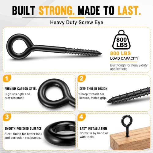 6 Pack 7" Eye Hooks Screw, 800 lb Carbon Steel Eye Bolts for Wood
