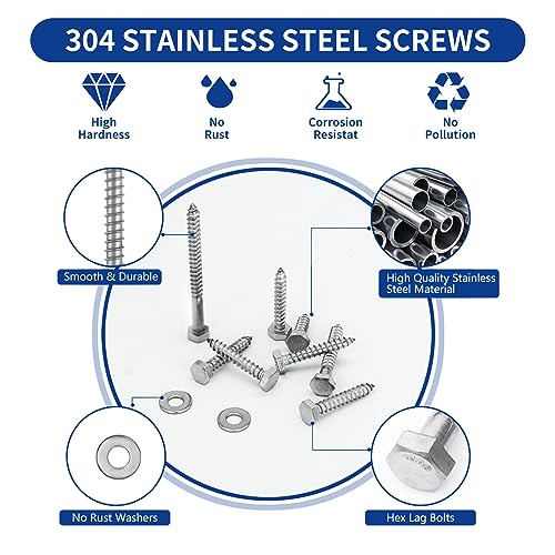 1/4 x 1 to 3" Hex Lag Screws, 155PCS Hex Lag Bolts Heavy Duty Wood Screws Washers Assortment Kit Stainless Steel 18-8 (304) 1/4 x 1"-3" (155 set) Silver