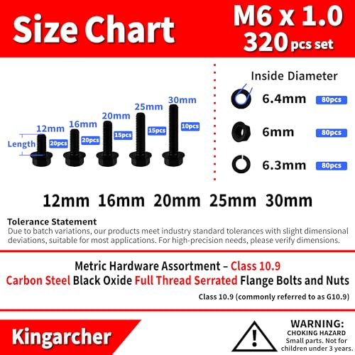 Kingarcher 180 Pcs Grade 10.9 Metric Flange Bolts and Nuts Set –M8 x 1.25, Carbon Steel Black Oxide Assortment Kit with Flat and Spring Lock Washers in Storage Case (Black Oxide, M6-320)